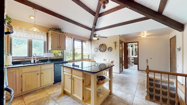 209 Viola Ln, Prospect Heights, IL 60070 - kitchen featuring a sink, dark countertops, black appliances, light brown cabinetry, and beam ceiling