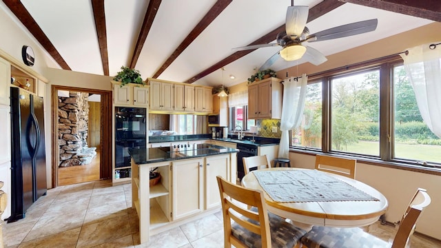 209 Viola Ln, Prospect Heights, IL 60070 - kitchen featuring black appliances, a sink, open shelves, a center island, and a ceiling fan