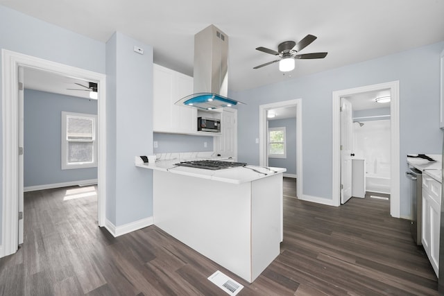 306 Barry Ave, Lockport, IL 60441 - kitchen featuring island range hood, a ceiling fan, white cabinetry, and dark wood-style floors