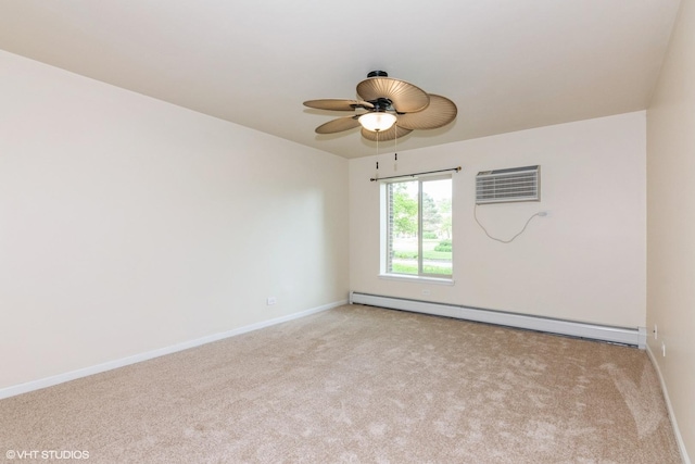 516 N Wilke Rd Unit 105, Palatine, IL 60074 - unfurnished room with a baseboard radiator, a wall unit AC, carpet, ceiling fan, and baseboards