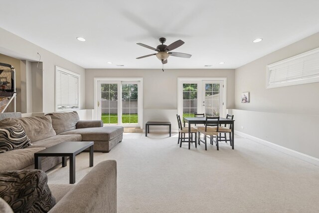131 N Wilmette Ave, Westmont, IL 60559 - living area featuring a ceiling fan, light colored carpet, baseboards, and recessed lighting