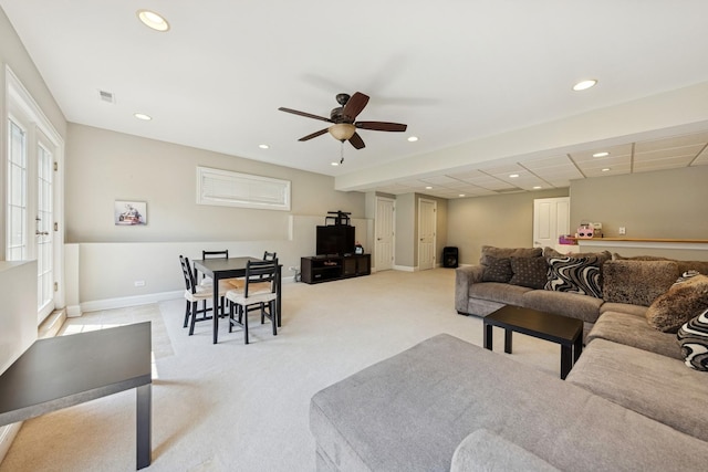131 N Wilmette Ave, Westmont, IL 60559 - living room with recessed lighting, baseboards, a ceiling fan, and light colored carpet