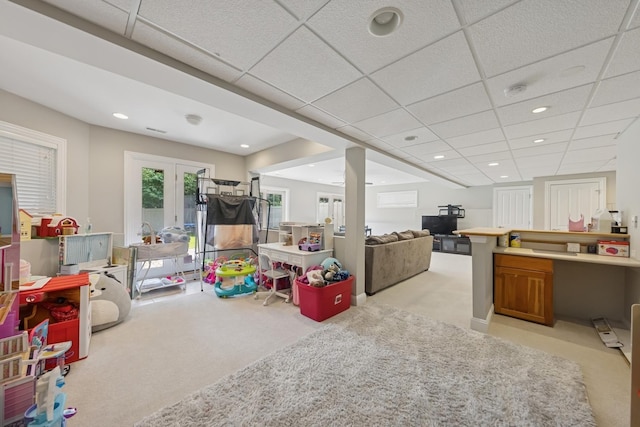 131 N Wilmette Ave, Westmont, IL 60559 - rec room featuring light carpet, a paneled ceiling, french doors, and recessed lighting