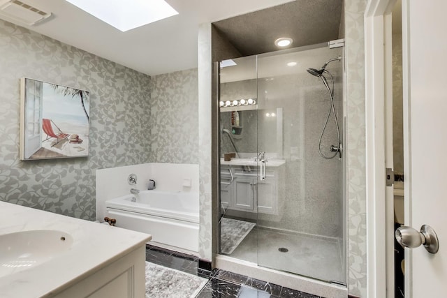 2050 Arbor Ln Unit 301, Northfield, IL 60093 - full bath featuring wallpapered walls, a bath, a shower stall, vanity, and a skylight