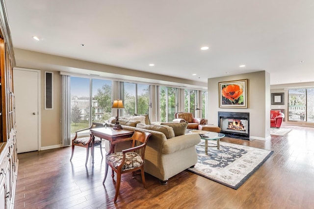 2050 Arbor Ln Unit 301, Northfield, IL 60093 - living room featuring wood finished floors, a fireplace with flush hearth, and recessed lighting