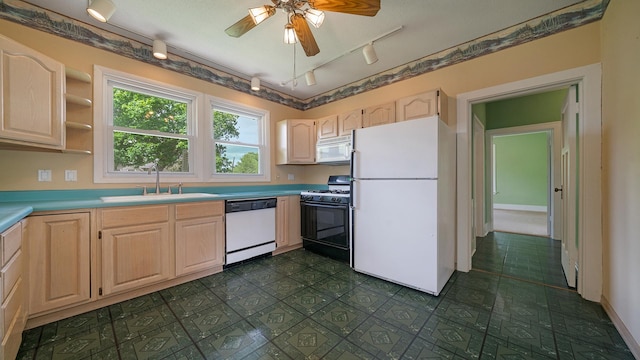 110 E Center St, Mount Morris, IL 61054 - kitchen featuring white appliances, a sink, rail lighting, light brown cabinets, and light countertops