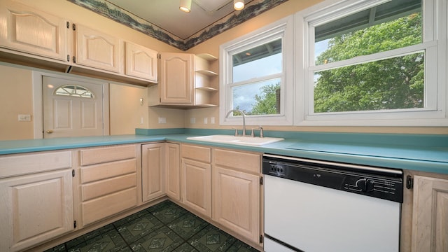 110 E Center St, Mount Morris, IL 61054 - kitchen featuring white dishwasher, a sink, light countertops, and open shelves