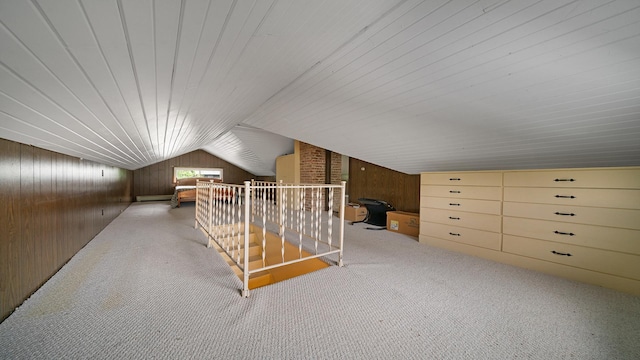 110 E Center St, Mount Morris, IL 61054 - additional living space featuring wood walls, carpet floors, lofted ceiling, and wooden ceiling