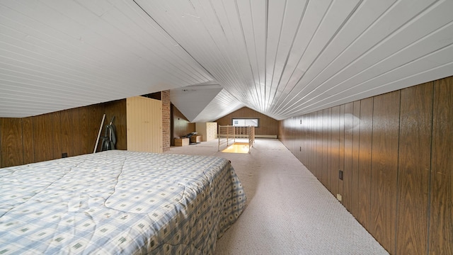 110 E Center St, Mount Morris, IL 61054 - carpeted bedroom with wooden walls, wood ceiling, and lofted ceiling