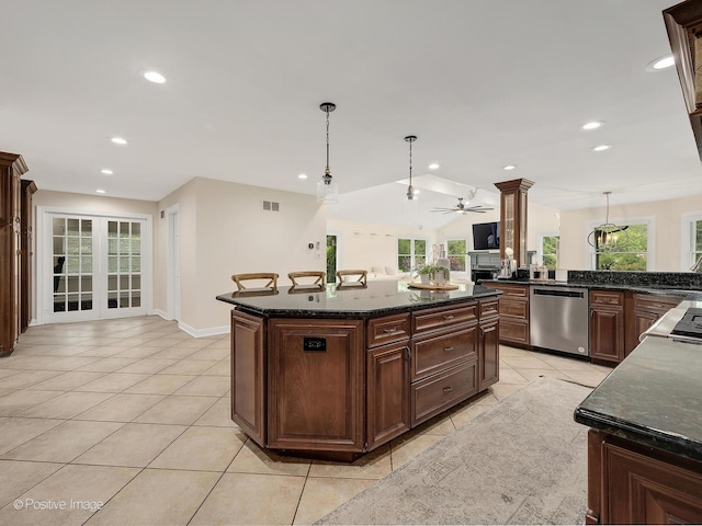 9 Charleston Rd, Hinsdale, IL 60521 - kitchen with stainless steel dishwasher, light tile patterned floors, a ceiling fan, recessed lighting, and decorative light fixtures