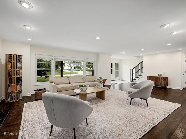 9 Charleston Rd, Hinsdale, IL 60521 - living area featuring baseboards, recessed lighting, dark wood-style flooring, and stairs
