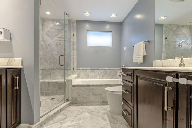 826 Midway Rd, Northbrook, IL 60062 - bathroom featuring vanity, marble look tiles, a garden tub, a marble finish shower, and recessed lighting