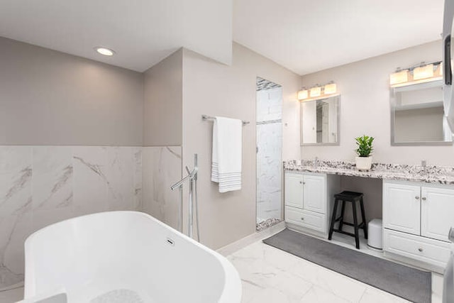 1580 Aberdeen Ct Unit 1580, Naperville, IL 60564 - full bath featuring double vanity, marble finish flooring, a soaking tub, recessed lighting, and a shower