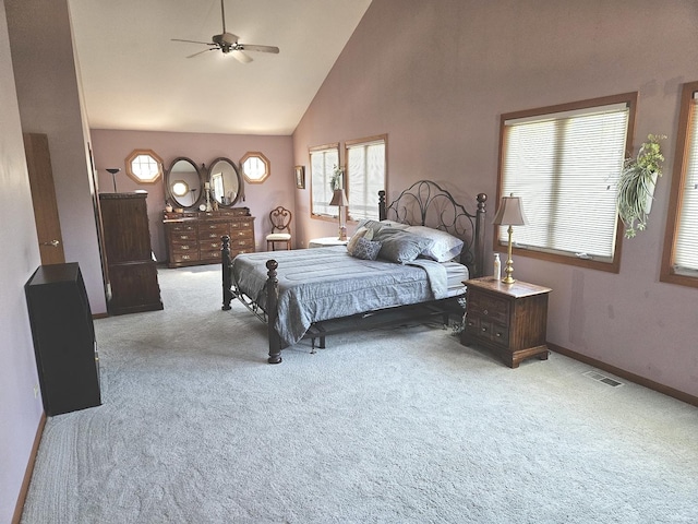 928 S Hillcrest Ave, Elmhurst, IL 60126 - bedroom with light colored carpet, high vaulted ceiling, baseboards, and ceiling fan