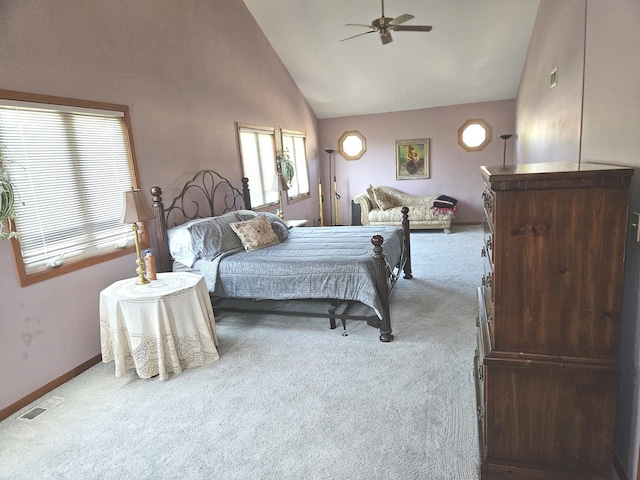 928 S Hillcrest Ave, Elmhurst, IL 60126 - carpeted bedroom featuring high vaulted ceiling, baseboards, and a ceiling fan