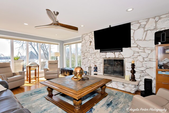 41653 N Lotus Ave, Antioch, IL 60002 - living area with a ceiling fan, ornamental molding, wood finished floors, a fireplace, and recessed lighting