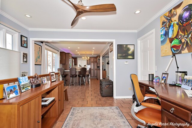 41653 N Lotus Ave, Antioch, IL 60002 - office space featuring crown molding, light tile patterned floors, recessed lighting, a ceiling fan, and a chandelier
