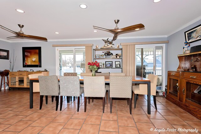 41653 N Lotus Ave, Antioch, IL 60002 - dining area with a ceiling fan, ornamental molding, plenty of natural light, recessed lighting, and light tile patterned flooring