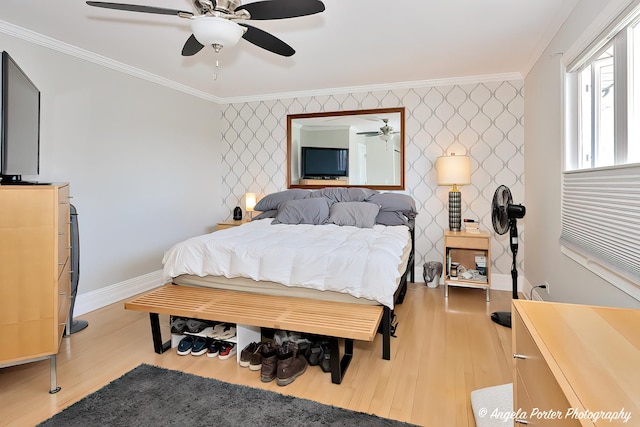 41653 N Lotus Ave, Antioch, IL 60002 - bedroom with crown molding, wood finished floors, wallpapered walls, and a ceiling fan