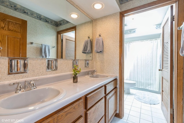 1014 Douglas Ave, Flossmoor, IL 60422 - full bathroom featuring toilet, double vanity, tile patterned floors, and a shower with curtain