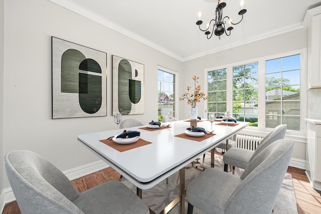 734 Forest Rd, La Grange Park, IL 60526 - dining space with ornamental molding, radiator, baseboards, a chandelier, and light wood-type flooring