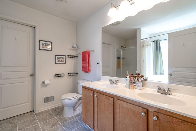 39862 Waterloo Dr, Beach Park, IL 60083 - bathroom featuring a shower stall, double vanity, toilet, tile patterned flooring, and baseboards