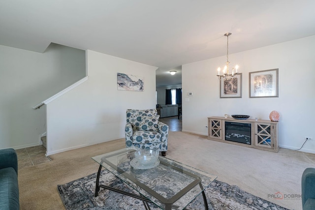 39862 Waterloo Dr, Beach Park, IL 60083 - carpeted living area with a chandelier, baseboards, and stairs
