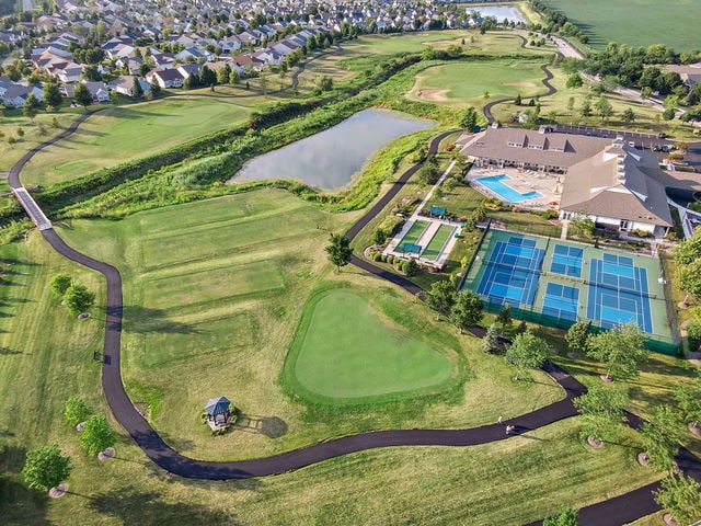552 Autumn Cir, Pingree Grove, IL 60140 - aerial overview of property's location with a nearby body of water, a local golf course, and a pool