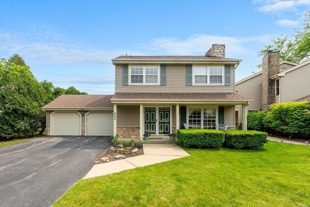 642 Dunham Rd, Gurnee, IL 60031 - view of front of home featuring asphalt driveway, an attached garage, a front yard, a chimney, and a porch