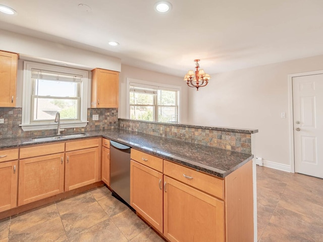 2207 N 74th Ct Unit 2, Elmwood Park, IL 60707 - kitchen featuring dishwasher, a sink, a peninsula, tasteful backsplash, and recessed lighting