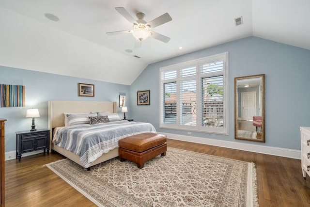 3329 N Bell Ave, Chicago, IL 60618 - bedroom featuring vaulted ceiling, dark wood-style flooring, and a ceiling fan
