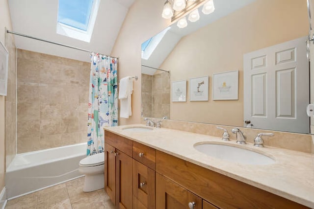 3329 N Bell Ave, Chicago, IL 60618 - full bathroom featuring a skylight, vaulted ceiling, shower / tub combo with curtain, double vanity, and tile patterned floors