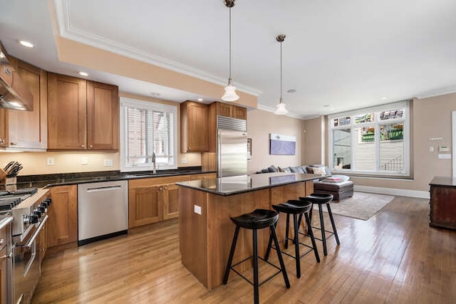 3329 N Bell Ave, Chicago, IL 60618 - kitchen featuring premium appliances, open floor plan, dark countertops, light wood-style flooring, and crown molding