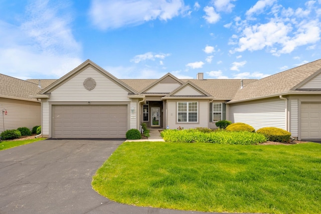 13663 Whittingham Ln, Huntley, IL 60142 - single story home with driveway, a front yard, an attached garage, a chimney, and roof with shingles