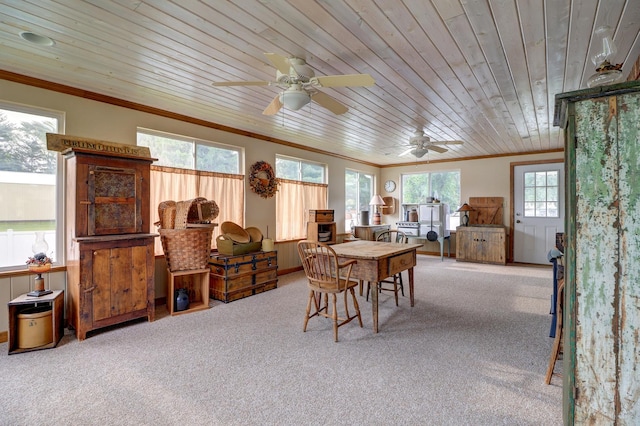 611 Marsha Ln, Rock Falls, IL 61071 - dining area with crown molding, carpet floors, wood ceiling, and a ceiling fan