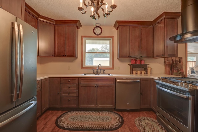 611 Marsha Ln, Rock Falls, IL 61071 - kitchen with appliances with stainless steel finishes, wall chimney range hood, a sink, dark wood finished floors, and a textured ceiling