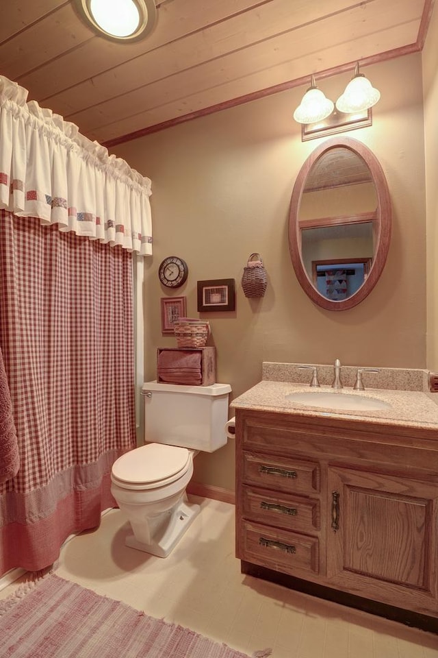 611 Marsha Ln, Rock Falls, IL 61071 - full bathroom featuring toilet, vanity, wood ceiling, a shower with curtain, and ornamental molding