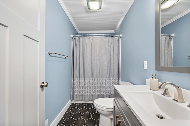 7308 W Lancaster Rd, Peoria, IL 61607 - bathroom with toilet, crown molding, vanity, tile patterned flooring, and baseboards