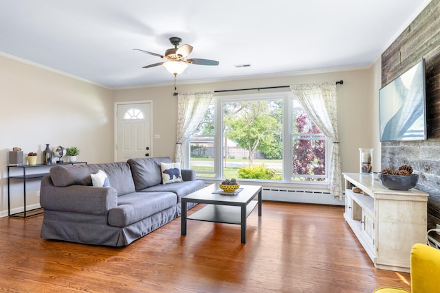 814 S Harvard Ave, Villa Park, IL 60181 - living room featuring wood finished floors, a ceiling fan, crown molding, and baseboard heating