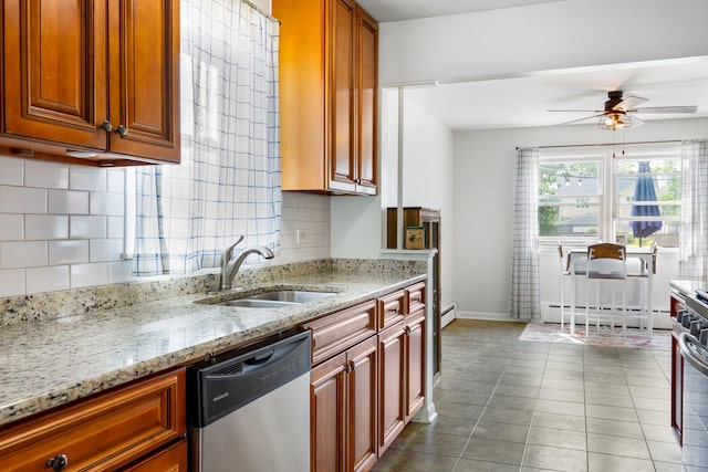814 S Harvard Ave, Villa Park, IL 60181 - kitchen featuring dishwasher, a baseboard heating unit, decorative backsplash, a ceiling fan, and light stone counters