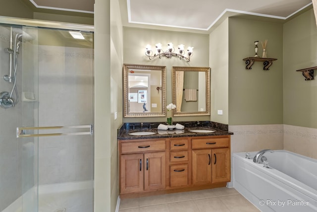 5611 Wildspring Dr, Lake In The Hills, IL 60156 - bathroom featuring a stall shower, double vanity, tile patterned flooring, and a garden tub