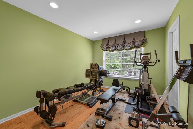 5611 Wildspring Dr, Lake In The Hills, IL 60156 - workout area with wood finished floors, baseboards, and recessed lighting
