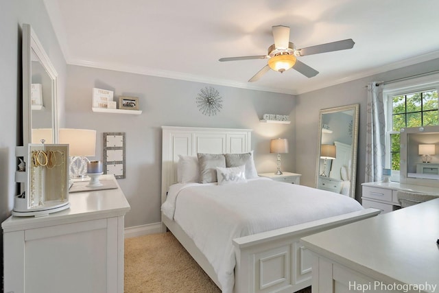 3334 N Odell Ave, Chicago, IL 60634 - bedroom with crown molding, baseboards, a ceiling fan, and light carpet
