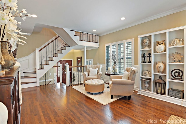 3334 N Odell Ave, Chicago, IL 60634 - living area with crown molding, wood finished floors, recessed lighting, and stairway