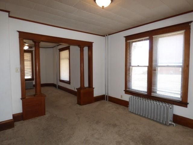 516 Spring St, Galena, IL 61036 - unfurnished room featuring radiator, carpet floors, ornamental molding, radiator heating unit, and baseboards