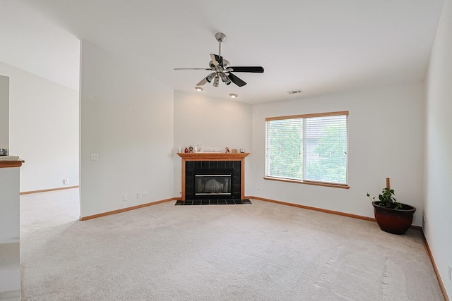 3503 Blue Ridge Ct, Carpentersville, IL 60110 - unfurnished living room featuring carpet floors, a ceiling fan, and a fireplace