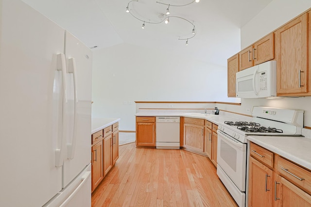 3503 Blue Ridge Ct, Carpentersville, IL 60110 - kitchen with white appliances, light wood-type flooring, vaulted ceiling, and light countertops
