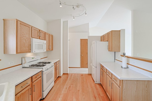 3503 Blue Ridge Ct, Carpentersville, IL 60110 - kitchen with white appliances, light wood-type flooring, lofted ceiling, light countertops, and light brown cabinets