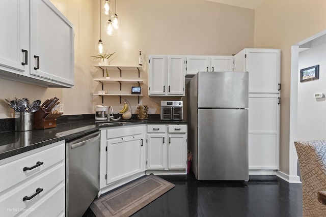 7612 W Saint Francis Rd Unit 7612, Frankfort, IL 60423 - kitchen featuring appliances with stainless steel finishes, open shelves, white cabinets, and a sink