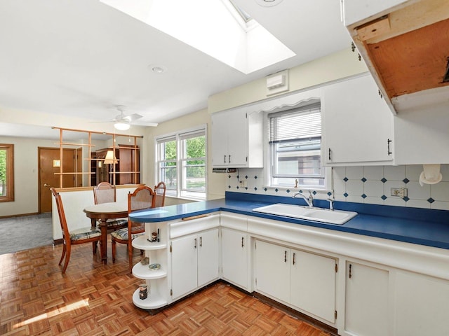 10324 S Sacramento Ave, Chicago, IL 60655 - kitchen featuring open shelves, decorative backsplash, white cabinetry, and a ceiling fan